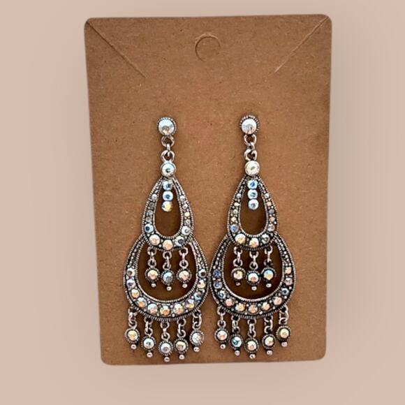 Iridescent Rhinestone Chandelier Earrings – Silver Drop Dangle - Picture 4 of 7
